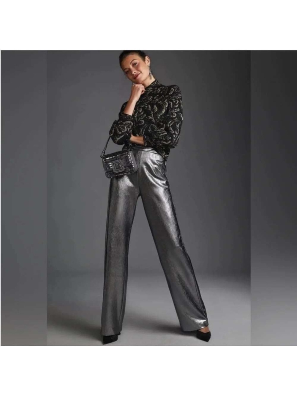 NWT Hutch Anthropologie Wide Leg Metallic Silver Pants Medium